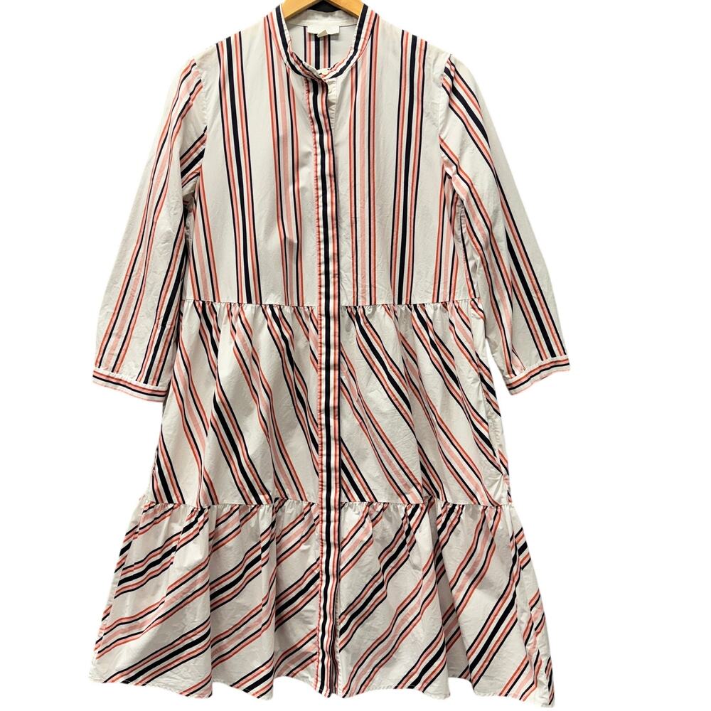 COS Striped Tiered Cotton Dress in White, Red, Navy